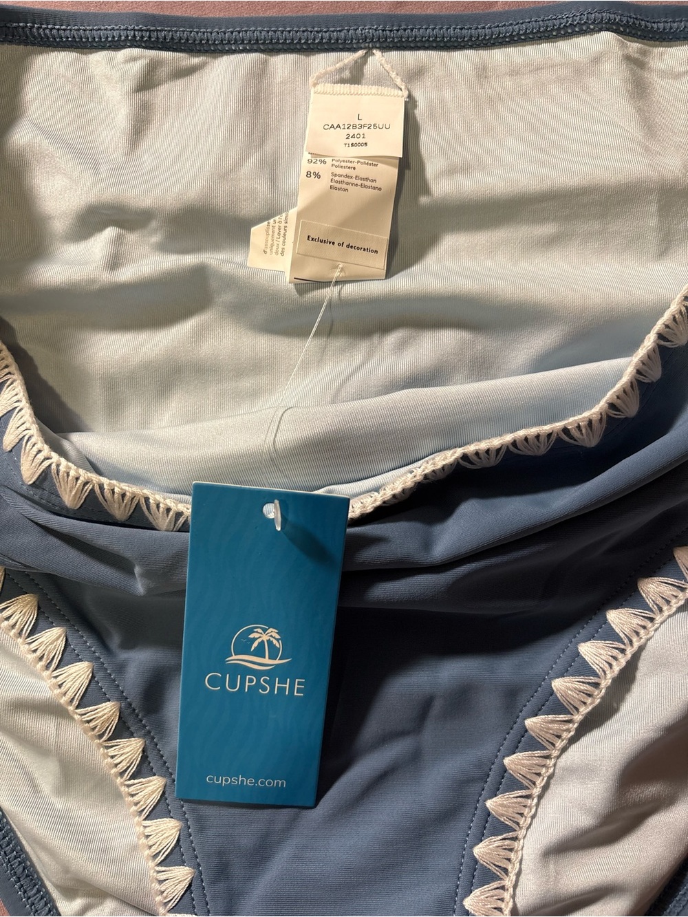 Cupshe Slate Blue High-Waist Bikini Bottom with Cream Trim - Picture 3 of 5